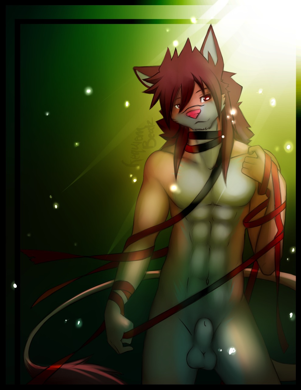 2013 abs animal_genitalia anthro balls biceps biped brown_body brown_fur brown_hair canid canine e621 felid fully_sheathed fur genitals green_background grey_body grey_fur hair hi_res khuraji light looking_at_viewer male mammal muscular muscular_anthro muscular_male nude pecs pose red_eyes red_ribbon ribbons sheath simple_background smile solo standing tan_body tan_fur wulflion