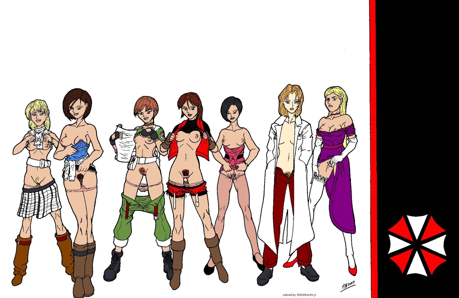 2004 2d 6+girls 7girls ada_wong ada_wong_(caroline_ribeiro) alexia_ashford annette_birkin artist_name ashley_graham ashley_graham_(brooke_elizabeth_mathieson) capcom claire_redfield color colored dated female female_only female_pubic_hair garter_straps human human_only jill_valentine jill_valentine_(julia_voth) kyle_twilight labcoat lineup miniskirt multiple_females multiple_girls panties_down pubic_hair pussy rebecca_chambers resident_evil resident_evil_0 resident_evil_2 resident_evil_3 resident_evil_4 resident_evil_code_veronica rule34 shirt_lift shorts signature skirt uncensored undressing