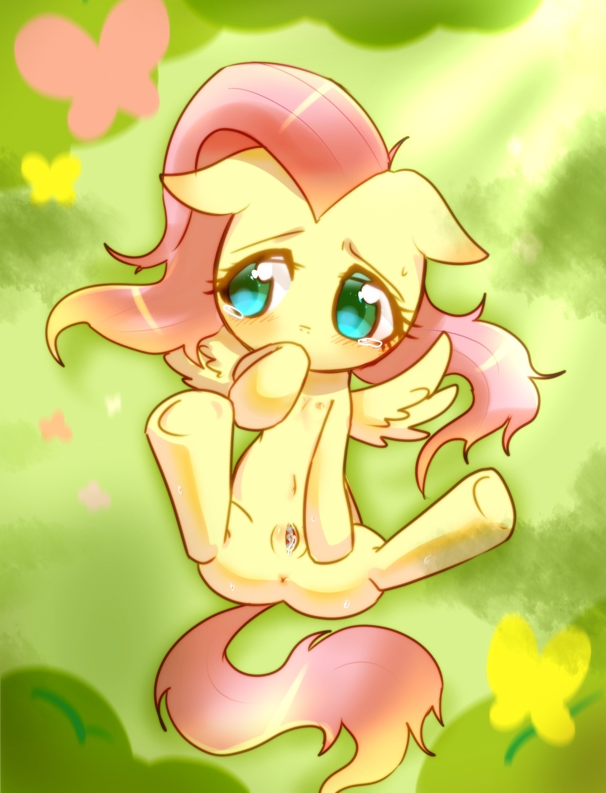 anus araragi_natsuki blue_eyes blush bodily_fluids censored e621 equid equine feathered_wings feathers female feral floppy_ears fluttershy_(mlp) friendship_is_magic genitals hasbro hi_res looking_away mammal my_little_pony mythological_creature mythological_equine mythology outside pegasus shy solo spread_legs spread_vulva spreading tears vulva wing_boner wings yellow_body yellow_feathers young young_female young_feral