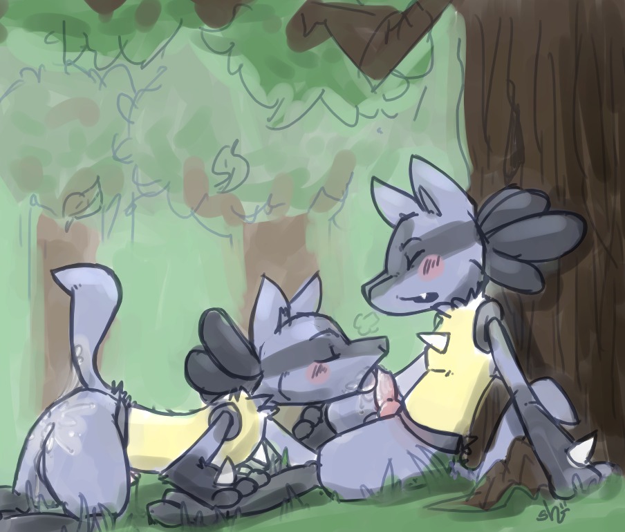 animal_genitalia animal_penis anthro anthro_on_anthro black_body black_fur blue_body blue_fur blush bodily_fluids butt canid canine canine_genitalia canine_penis cum cum_on_butt detailed_background duo e621 erection eyes_closed fellatio forest fur generation_4_pokemon genital_fluids genitals knot licking lucario male male/male male_penetrated male_penetrating male_penetrating_male mammal nature nintendo oral outside penetration penile penis penis_lick plant pokemon pokemon_(species) sex shugowah tail tongue tongue_out tree yellow_body yellow_fur