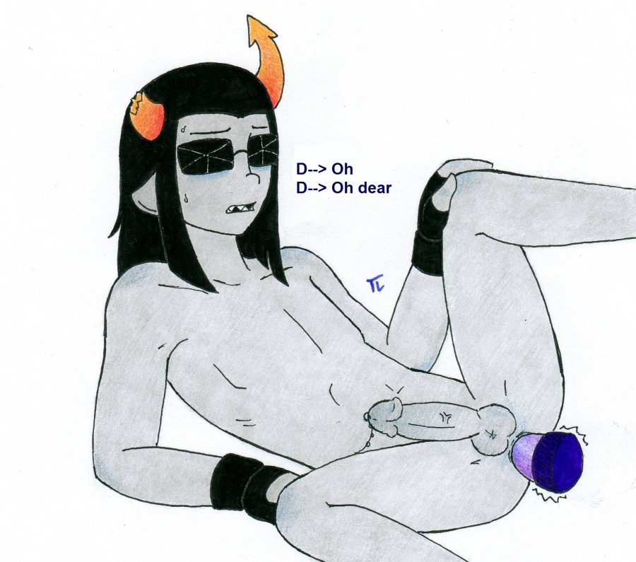 1boy anal anal_insertion black_hair dildo equius_zahhak fingerless_gloves grey_skin homestuck homestuck_troll horns male male_only ms_paint_adventures naked pandemoniumincarnate penis pointy_ears precum rule34 sharp_teeth short_hair solo source_request sunglasses sweat text troll vibrator white_background