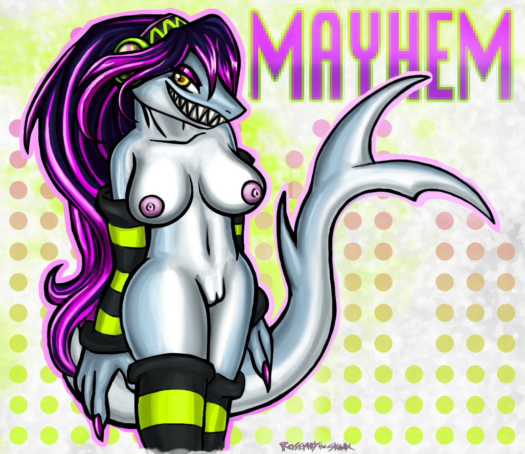 amber_eyes anthro aquatic breasts e621 female fish genitals lapfox_trax mayhem_(renard) nipples non-mammal_breasts non-mammal_nipples rosemary-the-skunk shark sharp_teeth solo teeth vulva y2k_(graphic_design)