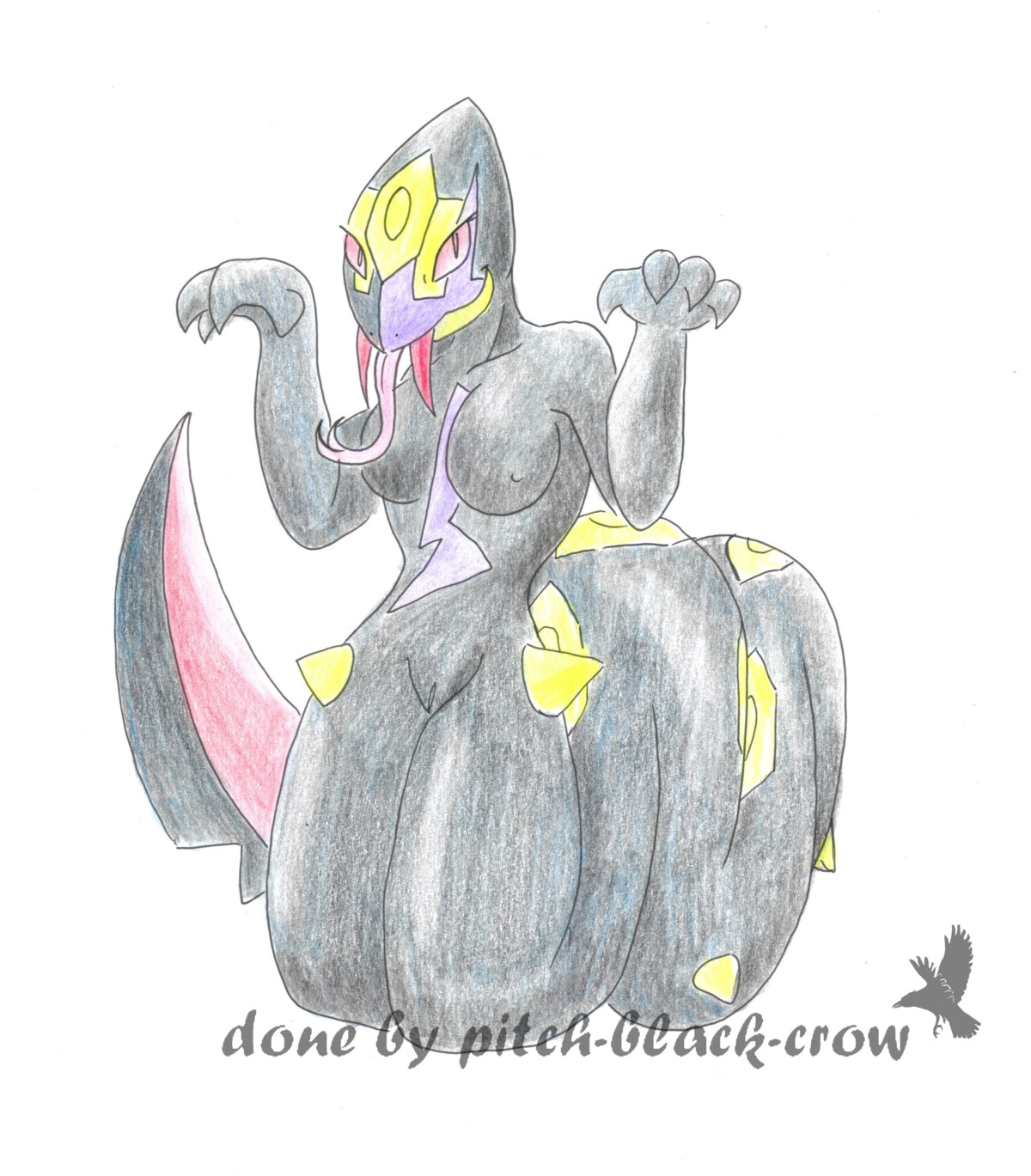 absurd_res anthro anthrofied black_body breasts claws e621 fangs female forked_tongue generation_3_pokemon genitals hi_res markings nintendo non-mammal_breasts pitch-black-crow pokemon pokemon_(species) pokemorph purple_markings red_eyes red_teeth reptile scalie serpentine seviper simple_background solo teeth tongue vulva white_background yellow_markings