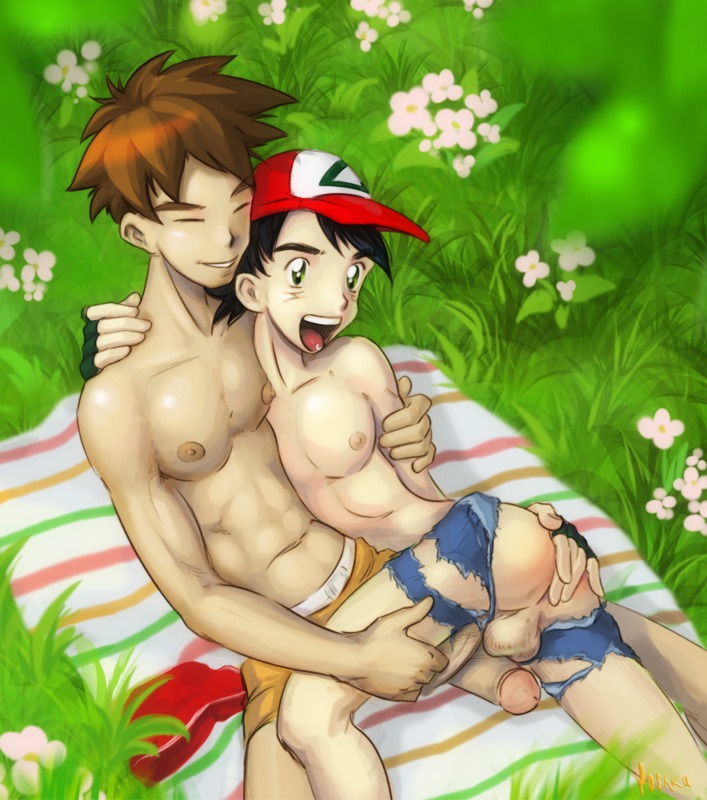 2boys ash_ketchum ass backsack balls ballsack baseball_cap black_hair brock_(pokemon) brown_hair closed_eyes erect_nipples erection fingering_self fingerless_gloves flowers foreskin gay gay_male green_eyes hand_on_ass happy human imminent_anal imminent_sex large_penis legs_held_open looking_back male male_only mouth_open multiple_males multiple_penises nipples outdoors penis penis_out penis_size_difference penises_touching pleasure_face pokemon retracted_foreskin rule34 satoshi_(pokemon) topless torn_pants uncircumcised yaoi yoshka