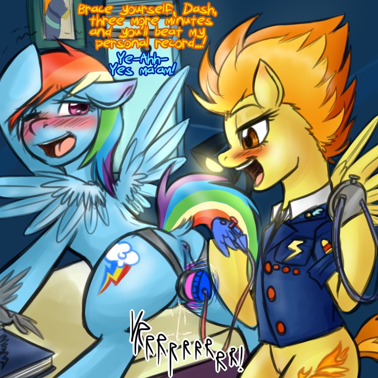 1:1 2013 amber_eyes anus balddumborat blue_body blue_feathers blue_fur blush bodily_fluids book bottomless clock clothed clothing cutie_mark dialogue duo e621 english_text equid equine exclamation_point feathered_wings feathers female female/female feral fixed_toy fixed_vibrator friendship_is_magic fur furniture genital_fluids genitals hair hasbro inside lamp mammal masturbation multicolored_hair my_little_pony mythological_creature mythological_equine mythology one_eye_closed open_mouth pegasus penetration purple_eyes rainbow_dash_(mlp) rainbow_hair saturnspace sex_toy spitfire_(mlp) table tail text two_tone_hair vaginal vaginal_fluids vaginal_masturbation vibrator vulva watch wings wonderbolts_(mlp)