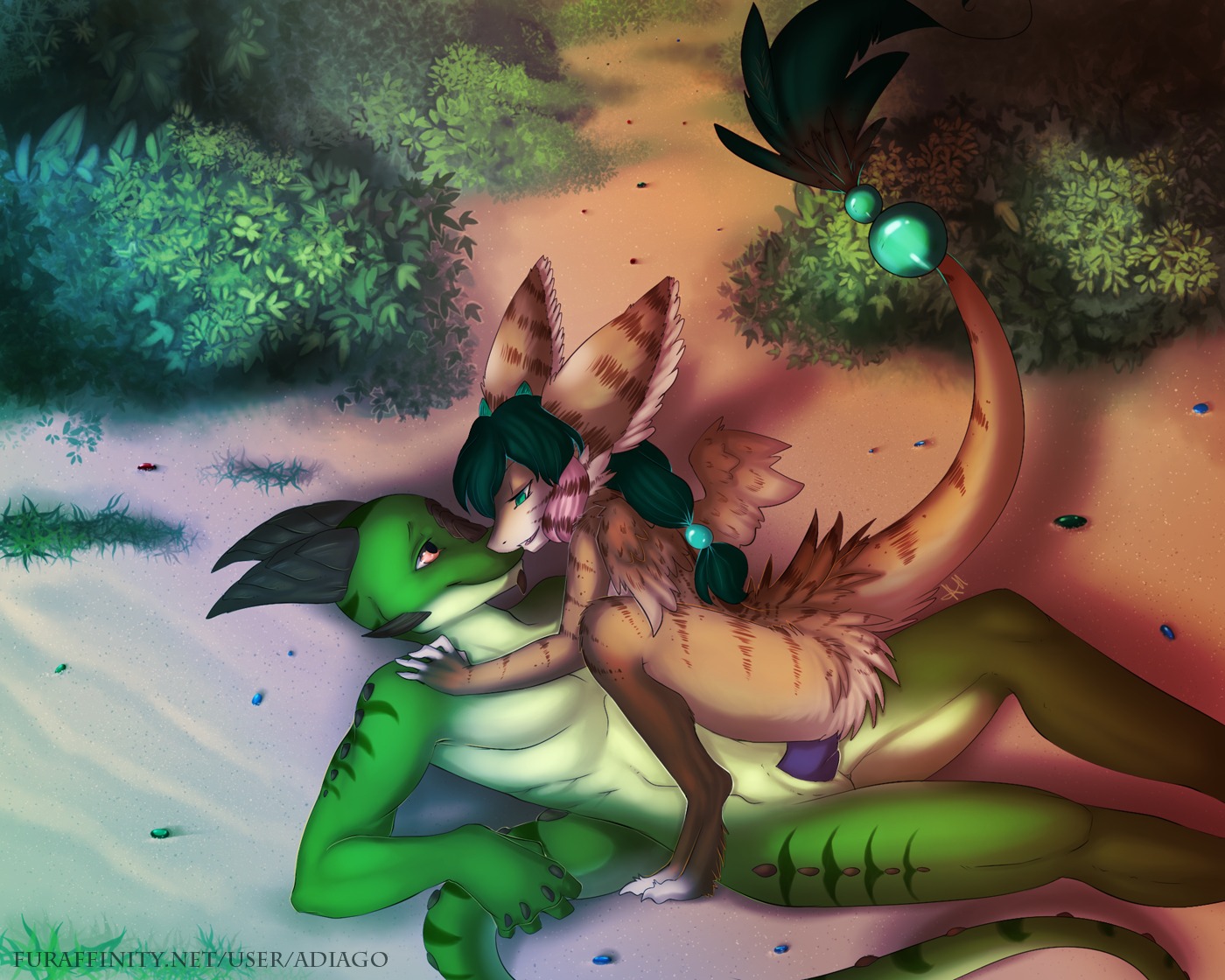 adiago argonian auril bethesda_softworks eye_contact eyes female green_eyes green_hair hair horn interspecies looking_at_another male nude penis reptile rift_drake rule34 scalie sex straight the_elder_scrolls wings