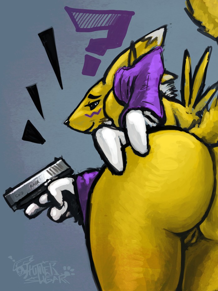 anthro bandai_namco butt canid canine digimon digimon_(species) e621 female fur genitals gun handgun holding_gun holding_object holding_ranged_weapon holding_weapon mammal mostly_nude pistol question_mark ranged_weapon renamon sligarthetiger smile solo tail vulva weapon white_body white_fur yellow_body yellow_fur