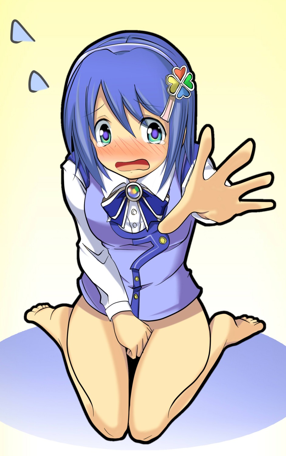 barefoot blue_eyes blue_hair blush bottomless female foreshortening hands highres madobe_nanami microsoft microsoft_windows mukuroi nanami_madobe no_panties no_pants os-tan rule34 sweat tear windows_7