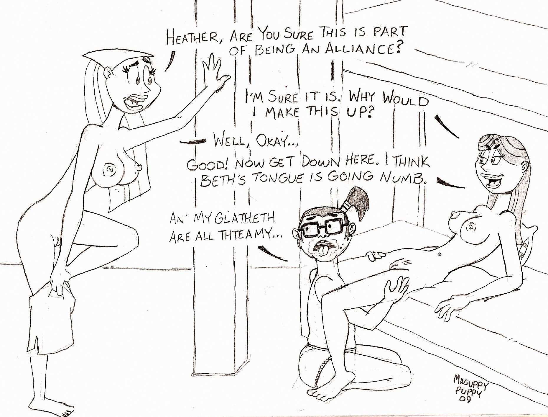 2009 beth_(tdi) bimbo cunnilingus female heather_(tdi) human human_only lindsay_(tdi) maguppy_puppy rule34 straight_hair total_drama_island yuri