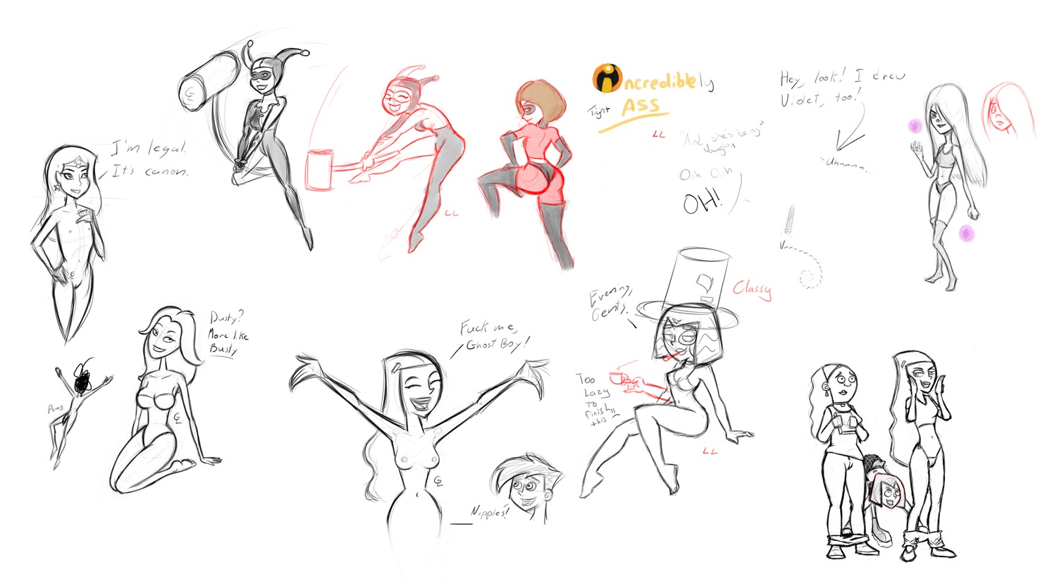 8girls breasts caucasian caucasian_female caucasian_male crossover danny_phantom dbznoob dc dc_comics dcau disney dusty_(the_oblongs) ebony ebony_female elastigirl female gemlord harley_quinn harley_quinn_(classic) helen_parr human jewish jewish_female levelord monochrome nickelodeon nipples paulina_sanchez pixar posing rule34 sam_manson sketch straight_hair superheroine the_incredibles the_oblongs valerie_gray violet_parr white_background wonder_woman wonder_woman_(series)
