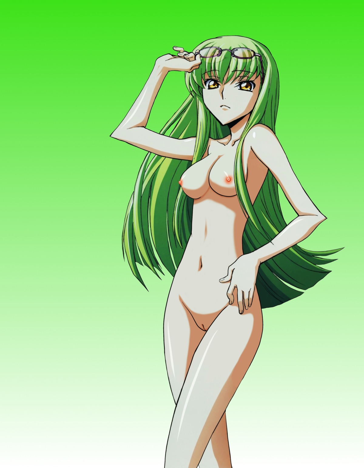 1girls breasts c.c. code_geass completely_nude female green_hair high_resolution nipples nude nude_filter photoshop pussy rule34 solo third-party_edit uncensored yellow_eyes