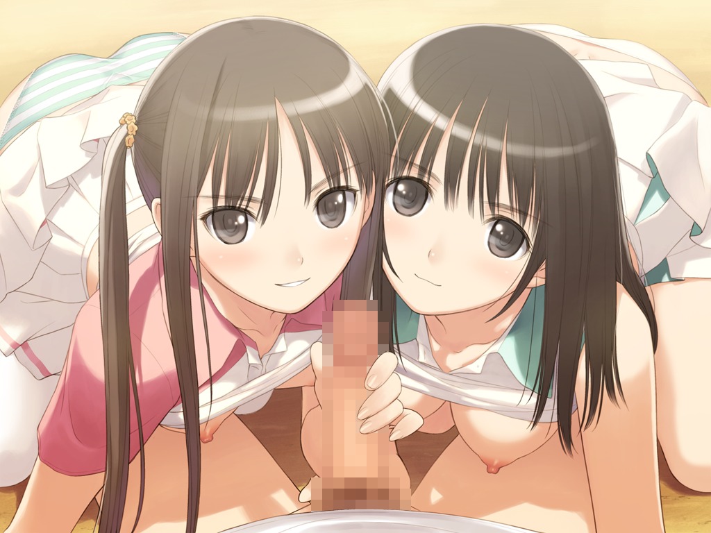 1boy 2girls black_hair breasts censored fault!! female game_cg handjob male nipples panties penis rule34 saeki_ai straight striped striped_panties sugiyama_mio taka_tony tied_hair twintails underwear