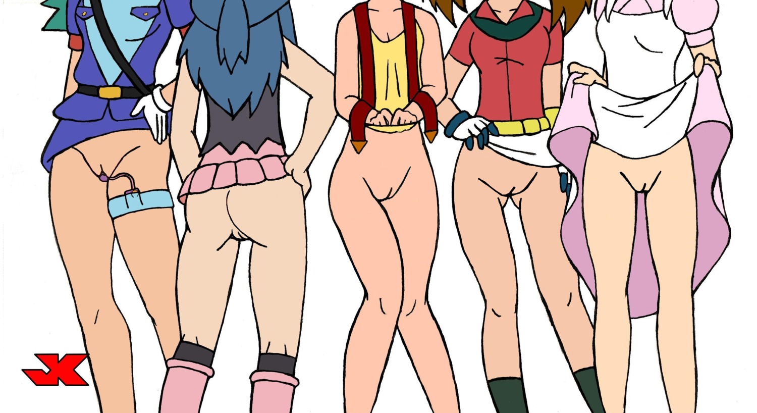 5girls ass blue_hair bottomless brown_hair dawn_(pokemon) dress dress_lift female female_only hand_on_hip human human_only innie_pussy jk kasumi_(pokemon) may_(pokemon) multiple_females multiple_girls nintendo nurse_joy officer_jenny_(pokemon) pokemon pussy rule34 shirt shirt_lift simple_background skirt_lift vibrator white_background yuri