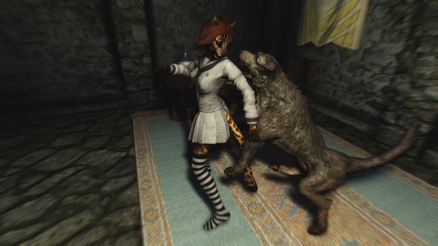 16:9 3d_(artwork) anthro bestiality bethesda_game_studios breasts canid canine clothing digital_media_(artwork) discombobulation duo e621 felid female feral footwear hi_res interspecies khajiit legwear mammal microsoft screencap skyrim socks the_elder_scrolls widescreen
