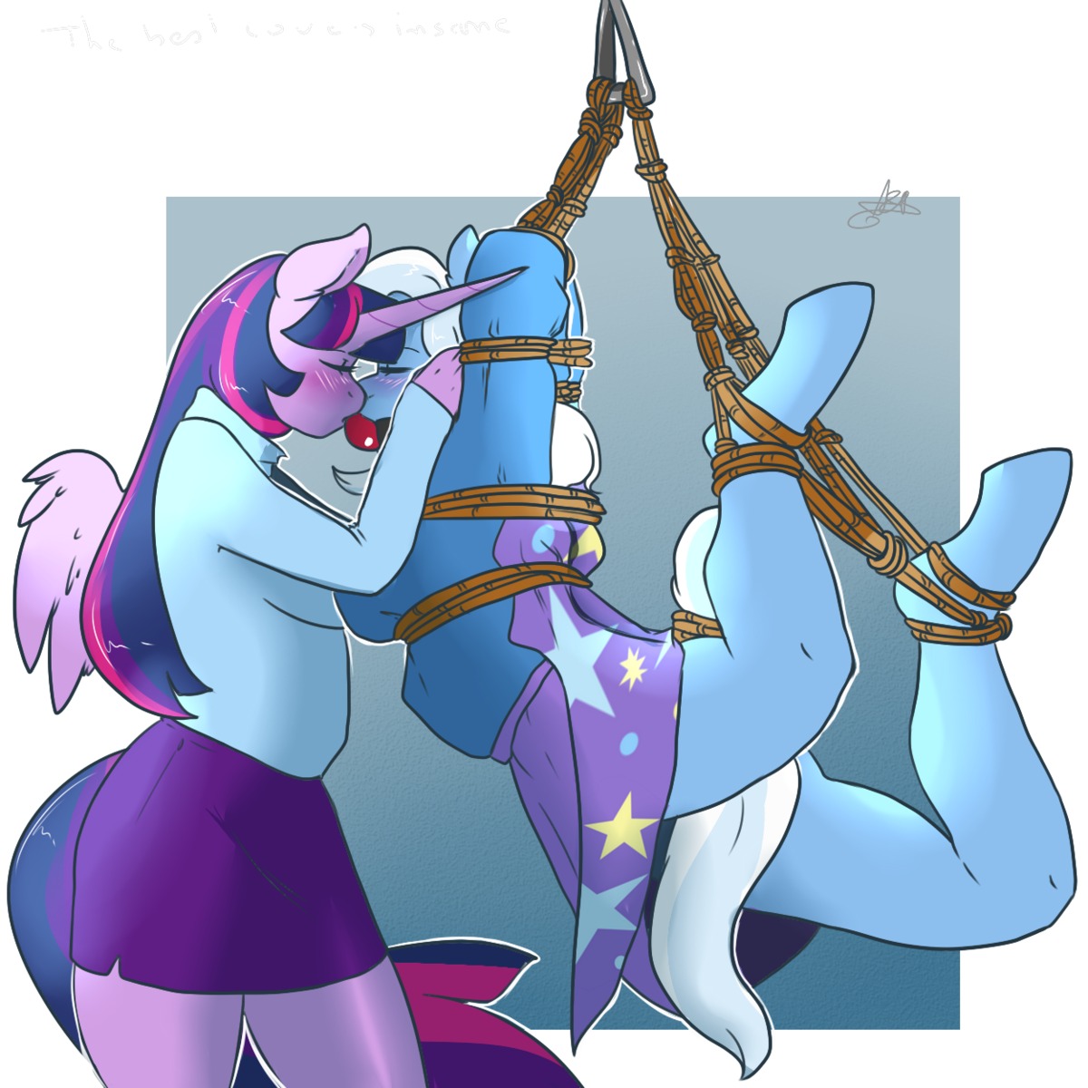 1:1 2014 anthro anthrofied ball_gag bdsm blue_body blue_fur blue_hair blush bondage bound breast_bondage breasts clothing digital_media_(artwork) duo e621 equid equine equine_legs eyes_closed feathered_wings feathers female friendship_is_magic fur gag geeflakes hair hasbro hi_res horn kissing mammal multicolored_hair my_little_pony mythological_creature mythological_equine mythology purple_body purple_fur purple_hair restraints rope rope_bondage suspension trixie_(mlp) twilight_sparkle_(mlp) two_tone_hair unicorn winged_unicorn wings