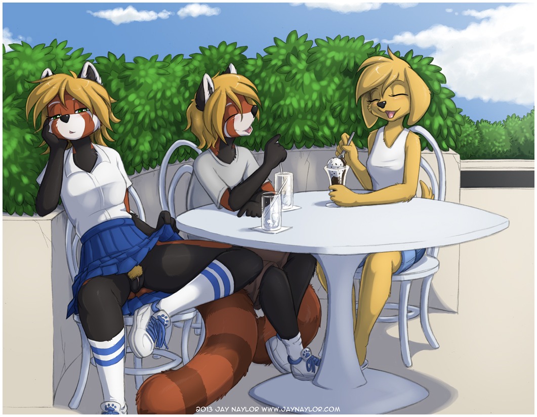 2013 ailurid anthro audrey_(jay_naylor) black_body black_fur black_nose blonde_hair bored bottomwear canid canine canis chair clothed clothing clothing_lift cloud conditional_dnp dessert digital_media_(artwork) domestic_dog e621 exclusive_flashing exhibitionism exposed eyes_closed female flashing food footwear fur furniture genitals genwyn green_eyes group hair ice_cream jay_naylor legwear looking_at_viewer lynne male mammal no_underwear orange_body orange_fur outside presenting pubes public red_panda shirt shoes shorts skirt skirt_lift sky socks table topwear trans_(lore) trans_woman_(lore) upskirt vulva white_body white_fur yellow_body yellow_fur