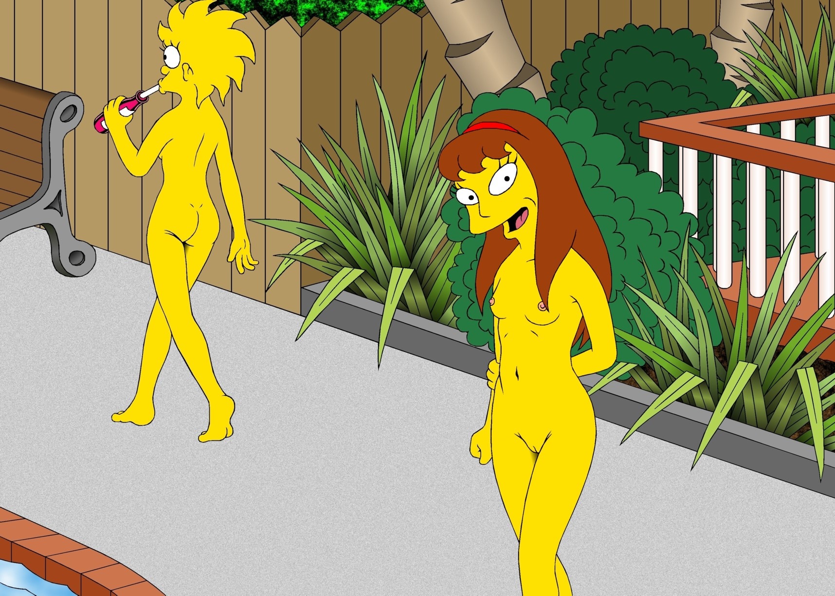 20th_century_studios 2girls accurate_art_style allison_taylor brown_hair female female_only human lisa_simpson mike4illyana multiple_females multiple_girls nude rule34 smile swimming_pool tagme the_simpsons yellow_body yellow_hair yellow_skin