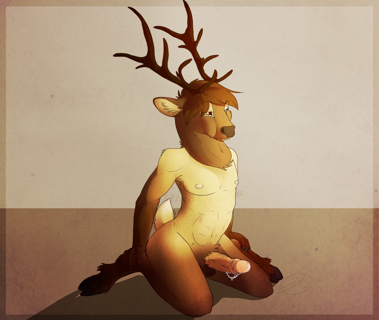 anthro anthropornorphic antlers biped bodily_fluids brown_body brown_fur cervine cum deer dripping e621 elk erection fur genital_fluids genitals hooves horn humanoid_genitalia humanoid_penis kneeling male mammal nude penis pinup pose solo