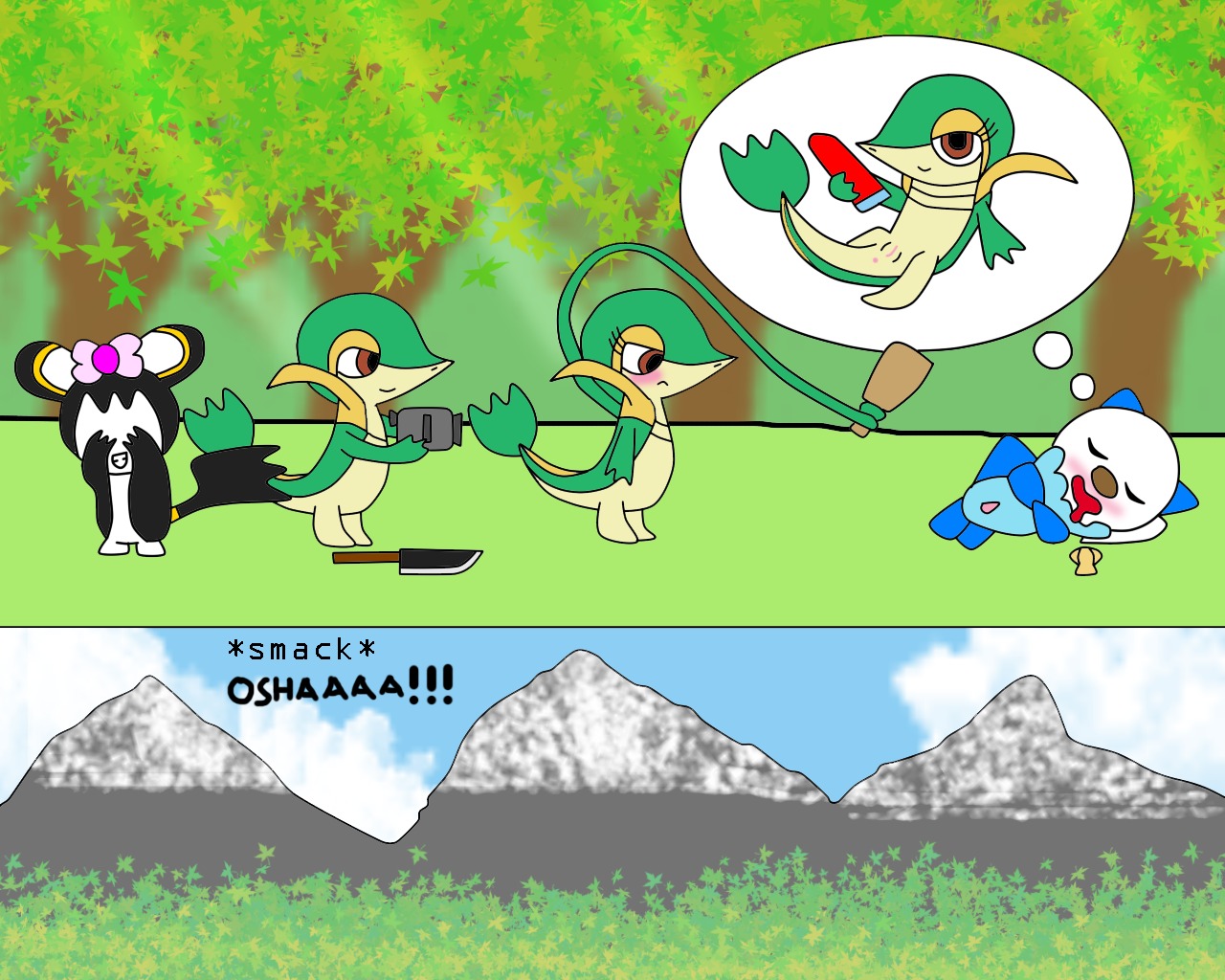 5:4 ambiguous_gender anthro cock_and_ball_torture detailed_background e621 efilvega emolga erection eyes_closed female forest generation_5_pokemon genital_torture genitals group half-assed male mammal membrane_(anatomy) morning_wood mustelid nintendo oshawott outside patagium penis plant pokemon pokemon_(species) reptile rodent scalie sciurid screaming sleeping snivy tail tree waking_up wood