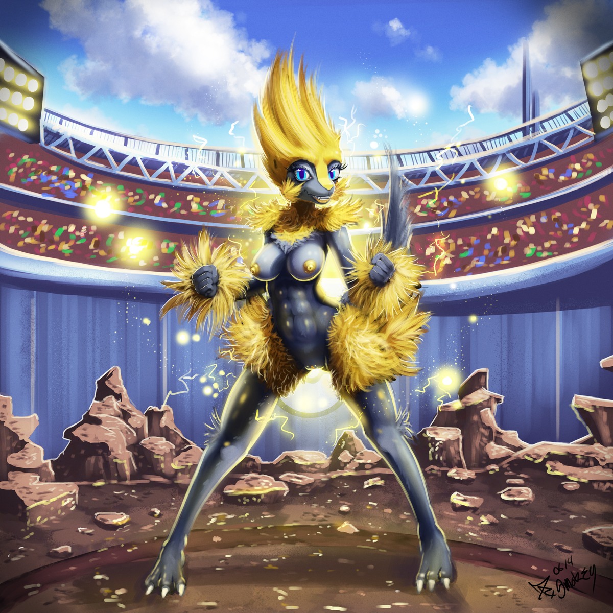 1:1 anthro anthrofied audience breasts canid canine casual_nudity crowd detailed_background digital_media_(artwork) drxsmokey e621 female fur generation_3_pokemon genitals group hair hi_res humanoid_genitalia humanoid_vulva mammal manectric nintendo nipples nude nude_in_front_of_audience outdoor_nudity outside pokemon pokemon_(species) public public_nudity vulva