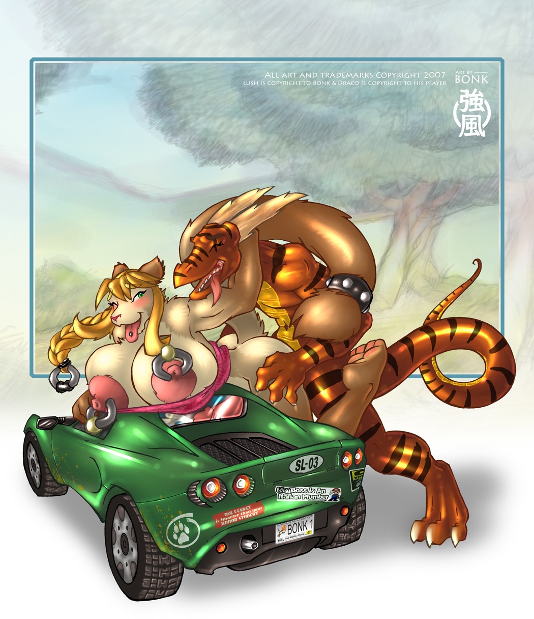 2007 anal anal_penetration anthro anthro_on_anthro anthro_penetrated anthro_penetrating anthro_penetrating_anthro big_breasts blush bodily_fluids bonk breasts car cum cum_while_penetrated digital_media_(artwork) dinosaur draco_lee_rose dromaeosaurid duo e621 english_text erection felid feline genital_fluids genitals gynomorph gynomorph/male gynomorph_penetrated hi_res huge_breasts humanoid_genitalia humanoid_penis intersex intersex/male intersex_penetrated lotus_(car) lotus_elise lush_(bonk) male male_penetrating male_penetrating_gynomorph male_penetrating_intersex mammal muscular nipple_piercing nipples outside penetration penis piercing prehistoric_species reptile saurischian scalie sex tail text theropod tongue tongue_piercing vehicle velociraptor zhejiang_geely_holding_group_co_ltd