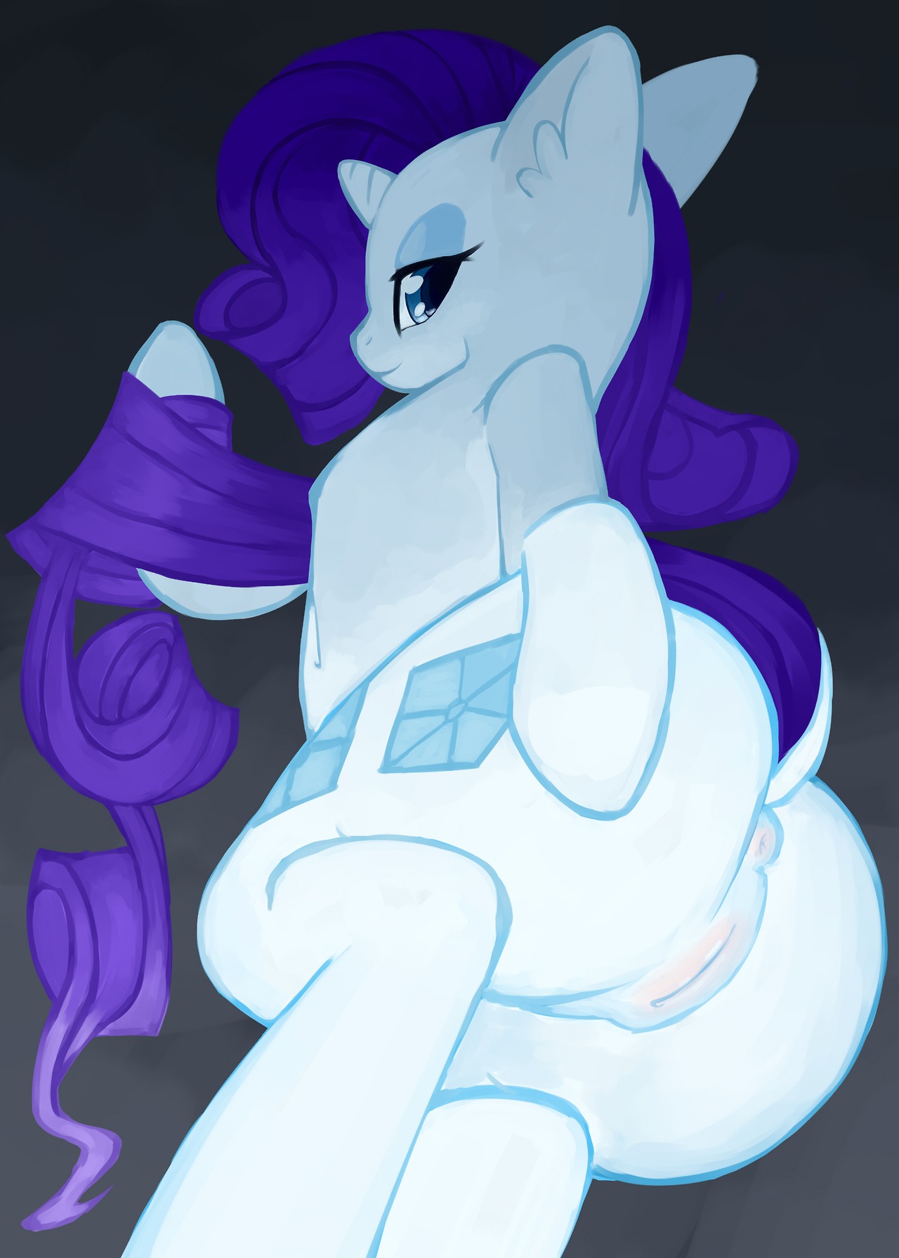 anus blue_eyes butt cutie_mark e621 equid equine female feral friendship_is_magic genitals hair hasbro hi_res horn looking_at_viewer looking_back mammal my_little_pony mythological_creature mythological_equine mythology ponylicking presenting presenting_hindquarters purple_hair rarity_(mlp) smile solo unicorn vulva