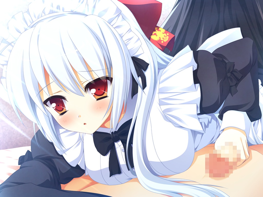 blush censored female game_cg irina_vladimirovna_putina long_hair maid male nimura_yuushi osananajimi_wa_daitouryou penis red_eyes ribbons rule34 white_hair