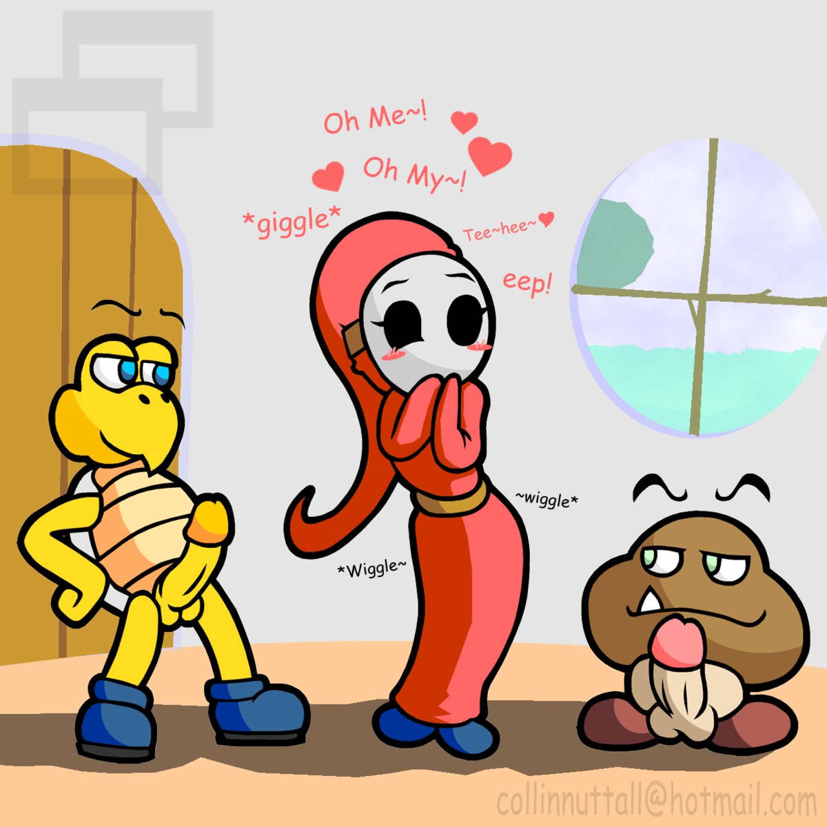 1:1 balls blue_eyes blush closed_mouth clothes color cute_fang day dialog door english_text erection female footwear goomba green_eyes hand_on_hip heart indoors interspecies koopa koopa_troopa looking_at_another male mario_(series) mask multiple_males nintendo nude penis presenting robe rule34 shoes shy_gal slushy standing testicles text window