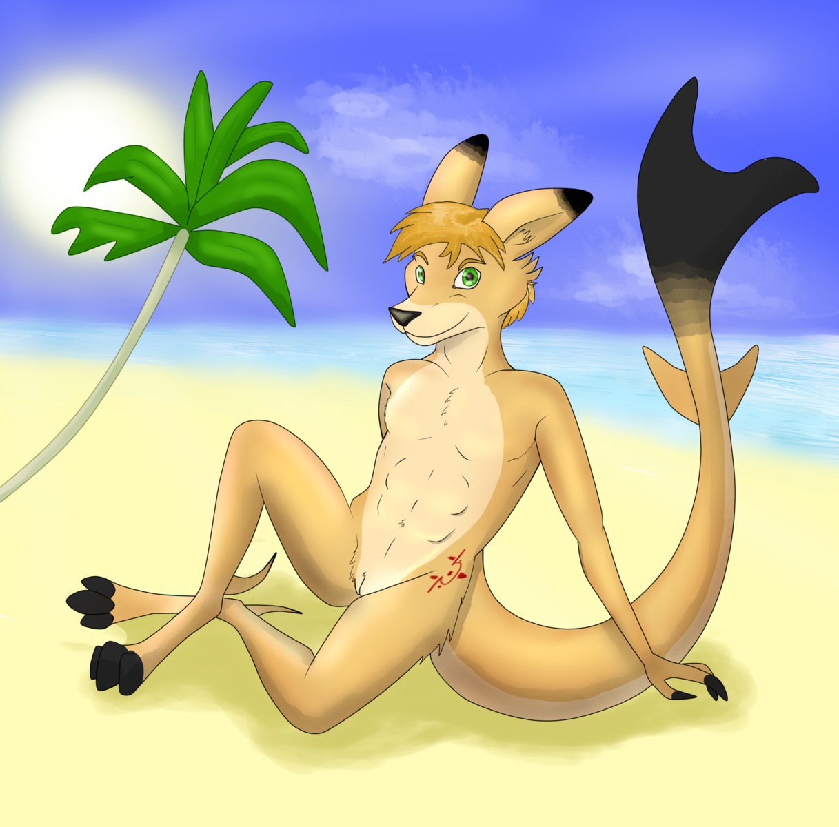 2014 absurd_res andromorph anthro aquatic biped blonde_hair digital_media_(artwork) e621 fish fur genitals hair hi_res hybrid intersex jaxneesen kangaroo looking_at_viewer macropod mammal marsupial nude pose relaxing shark sitting smile solo vulva