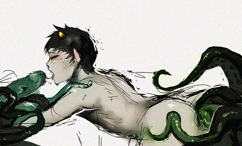 1boy anal artist_request black_hair closed_eyes grey_skin homestuck horns karkat_vantas male ms_paint_adventures naked open_mouth pointy_ears rule34 saliva short_hair solo source_request tentacle tongue tongue_out troll webcomic white_background