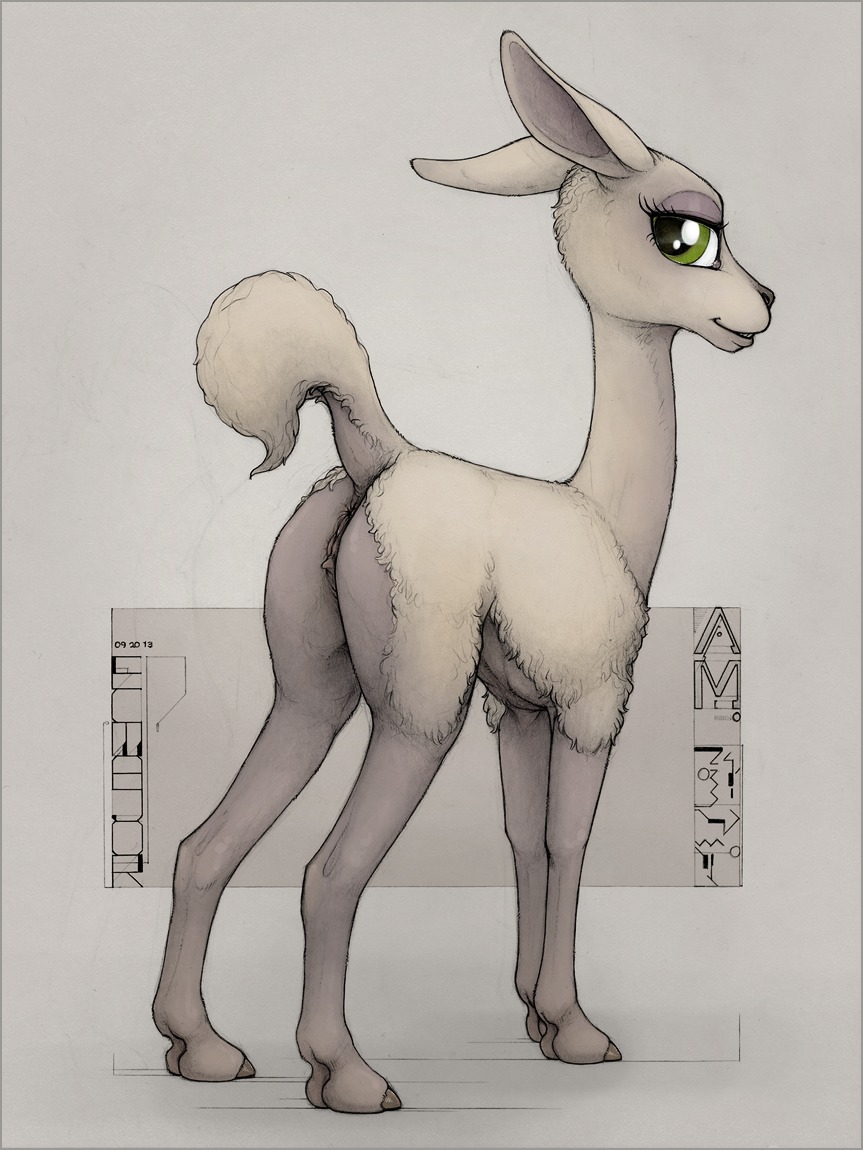 2013 animal_genitalia animal_vulva anus border camelid camelid_genitalia camelid_vulva clitoris e621 ecmajor female feral fur genitals green_eyes grey_border hooves llama looking_back mammal raised_tail smile solo tail tan_body tan_fur unguligrade vulva