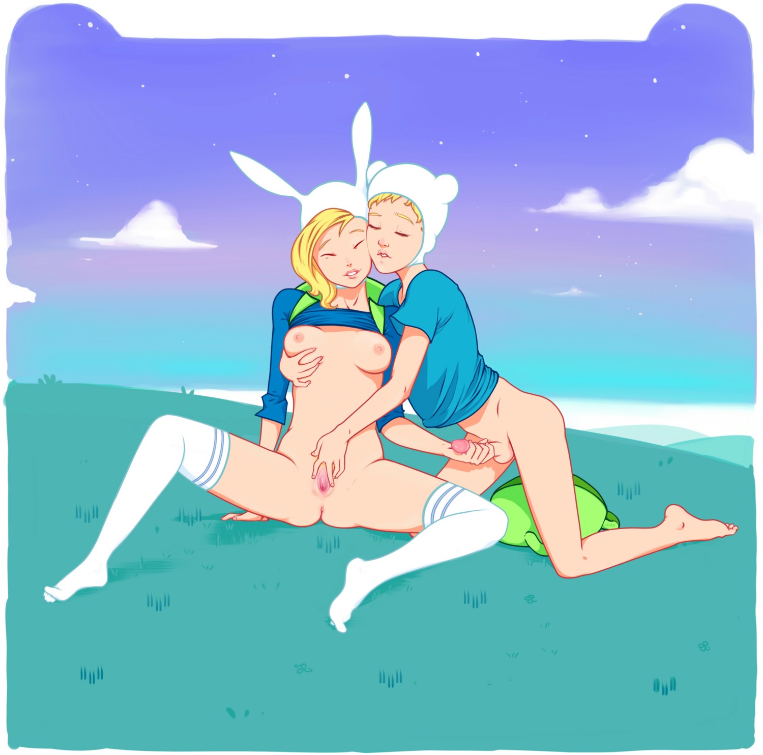 absurd_res adventure_time anus balaclava balls blush breasts butt cartoon_network clothing duo e621 erection eyes_closed fake_ears fake_rabbit_ears female finn_the_human fionna_the_human foreplay genitals hat headgear headwear hi_res human intraspecies legwear male male/female mammal mask natural_breasts nipples not_furry nude penis selfcest shirt small_penis spread_legs spreading square_crossover stockings topwear vulva xxxloveless