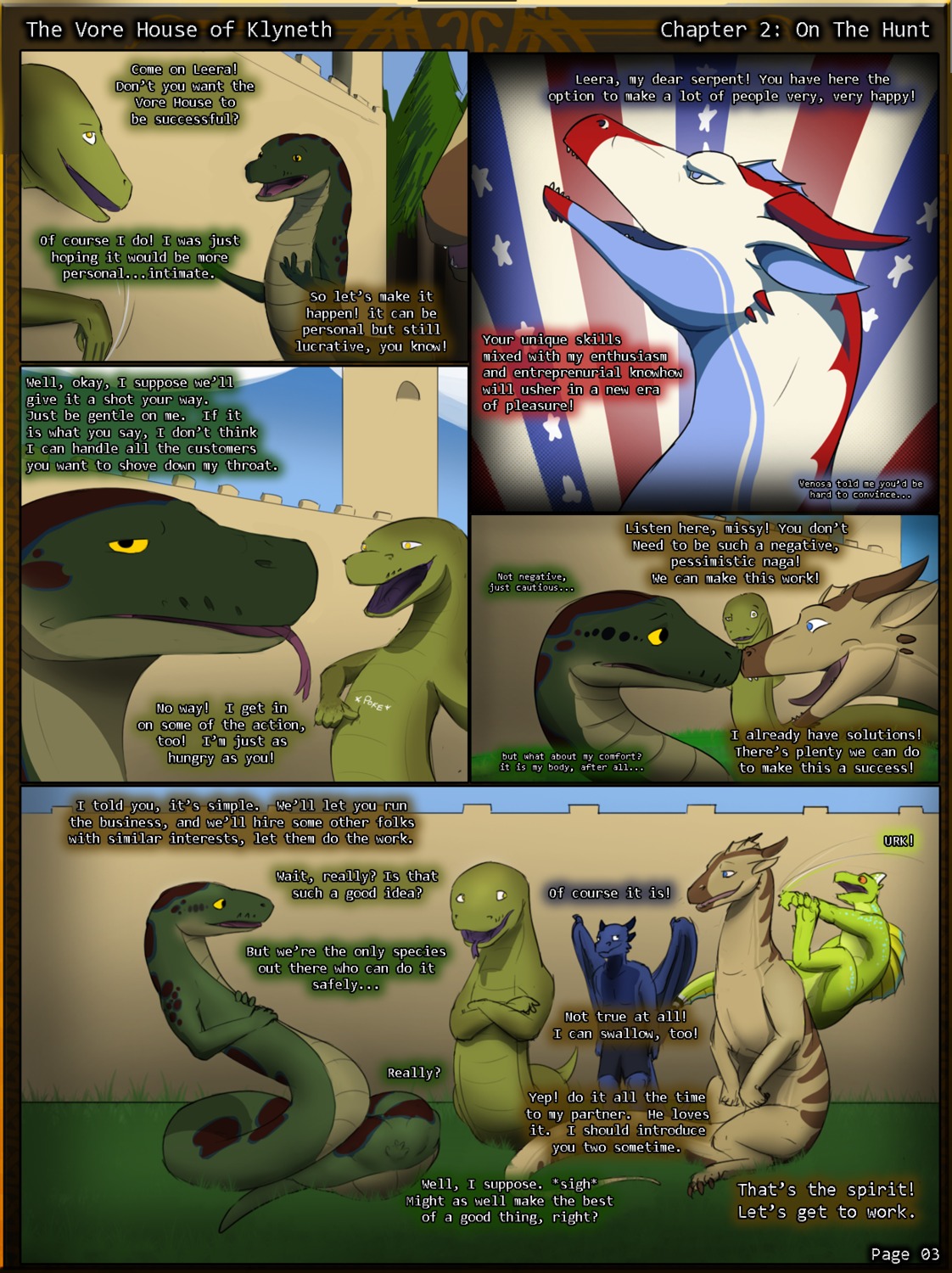 abdominal_bulge anthro apode body_outline comic dialogue draconcopode dragon e621 english_text evalion group helmeted_lizard hi_res horn leera legless lizard male membrane_(anatomy) membranous_wings multiple_scenes mythological_creature mythological_scalie mythology naga plumed_basilisk reptile scalie semi-anthro serpentine snake soft_vore spots stripes tail text the_vore_house_of_klyneth tritus vinnig vore wings yetzer