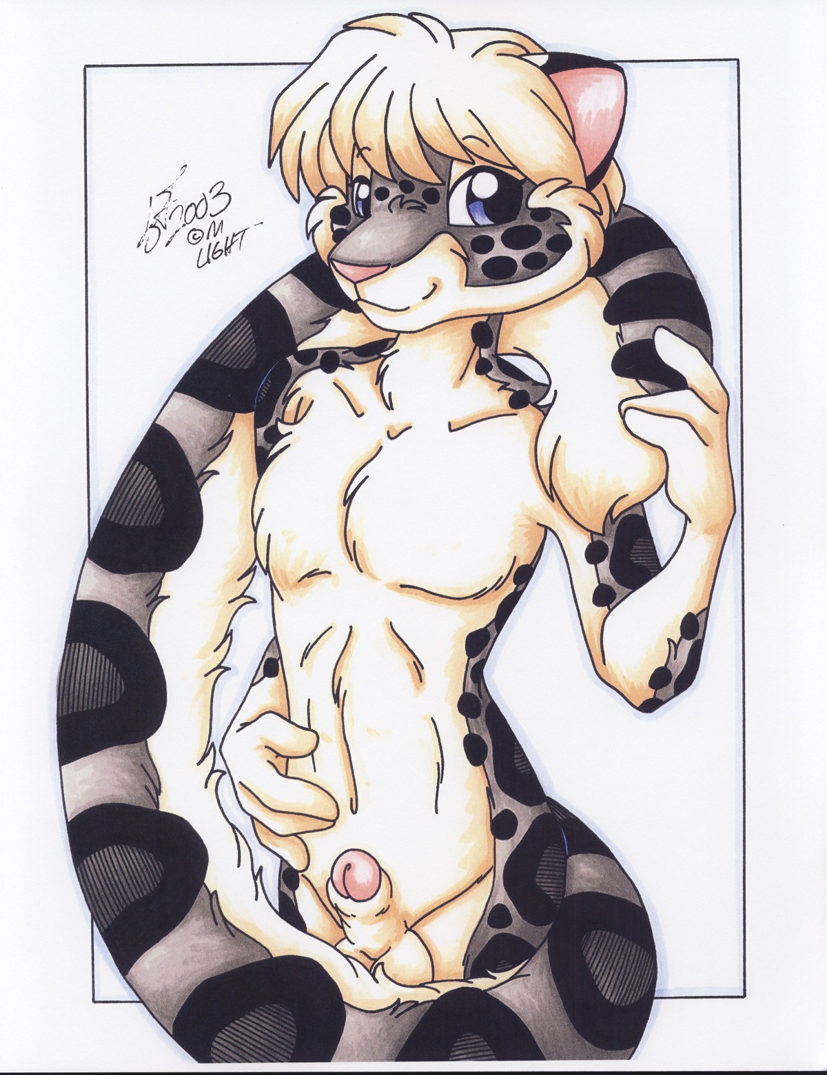 2003 absurd_res animal_genitalia anthro balls e621 felid genitals hi_res leopard male mammal michele_light nude pantherine penis penis_tip pinup pose sheath signature snow_leopard solo traditional_media_(artwork)