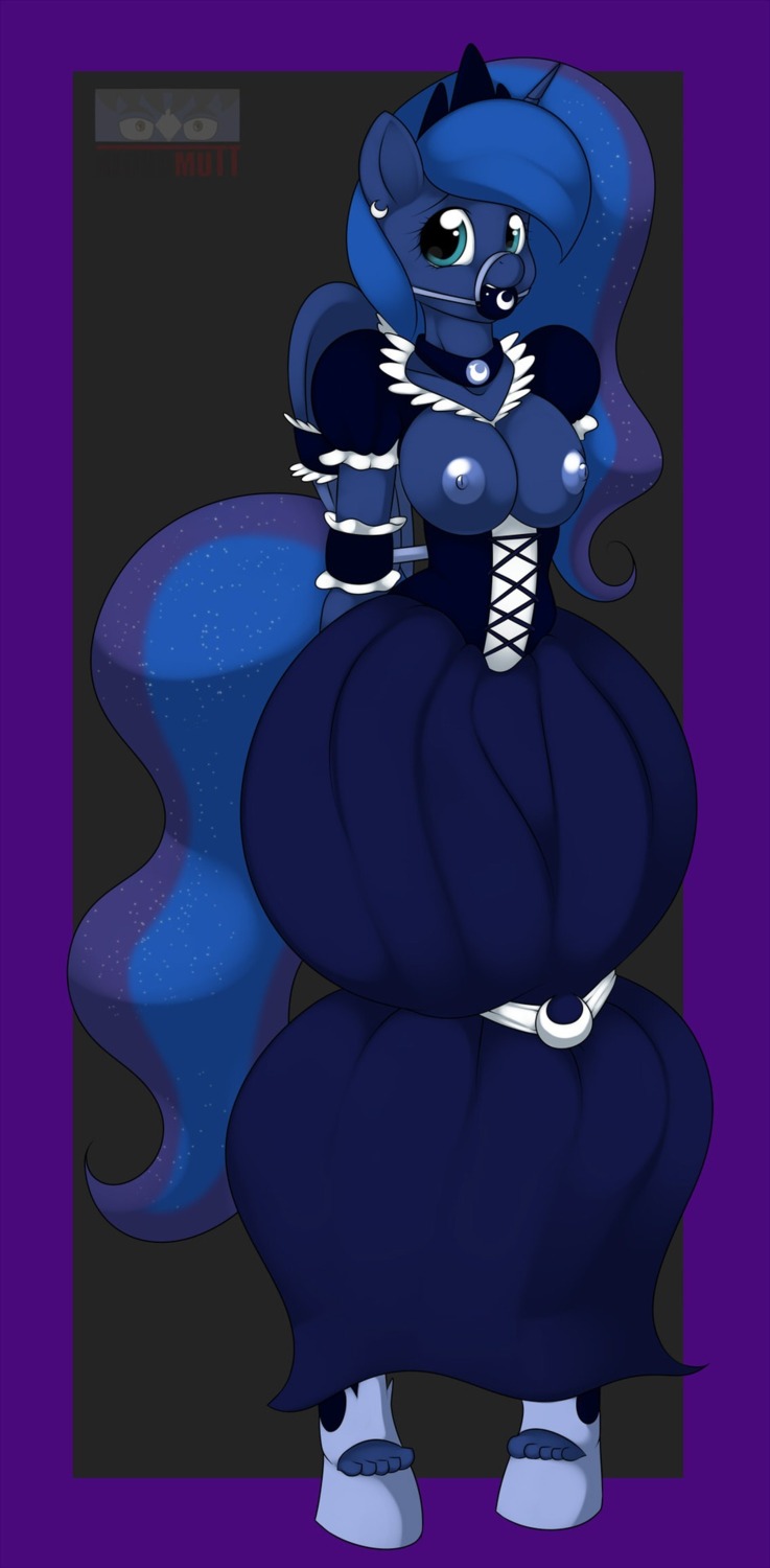 2012 anthro anthrofied ball_gag blue_body blue_eyes blue_feathers boots breasts clothing collar crown digital_media_(artwork) dress e621 ear_piercing equid equine feathered_wings feathers female footwear friendship_is_magic gag gagged hasbro headgear hi_res horn kloudmutt looking_at_viewer mammal moon my_little_pony mythological_creature mythological_equine mythology nipples piercing princess_luna_(mlp) shoes solo sparkles tail winged_unicorn wings