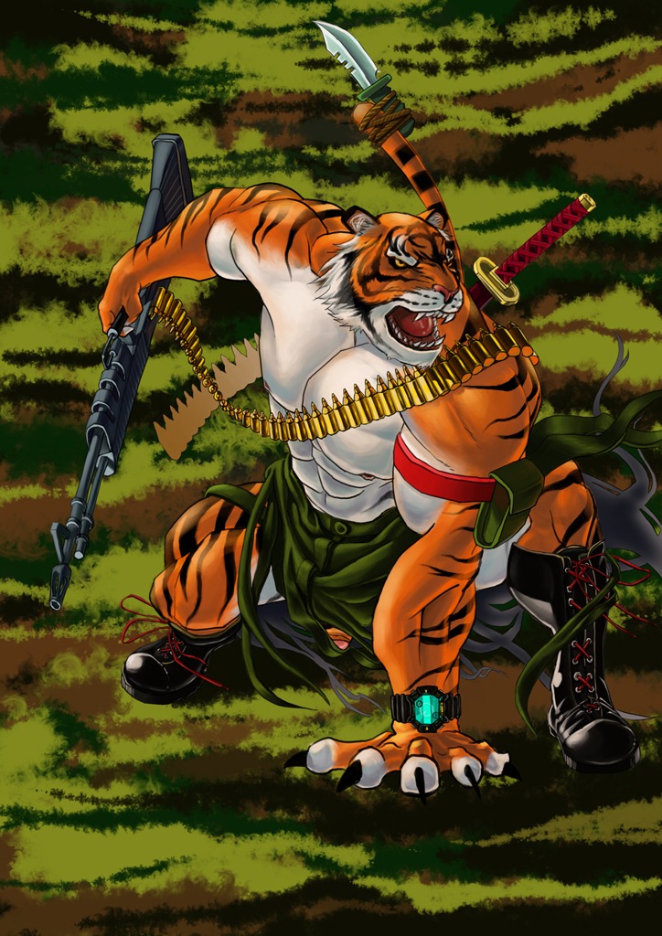 abs ammo_belt ammunition anthro bandolier biceps boots claws clock clothing e621 felid footwear genitals gun knife machine_gun male mammal melee_weapon muscular muscular_anthro muscular_male nails pantherine pecs penis ranged_weapon shoes solo stripes sword tail tiger torn_clothing unknown_artist warrior watch weapon