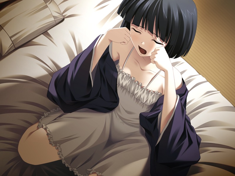 1girls after_sex akasen_gairo arms_up bed bed_sheet black_hair c-side cg closed_eyes eroge female game_cg kneeling okonogi_fuuka on_bed on_knees open_clothes open_mouth pillow rule34 ryoumoto_ken short_hair sitting solo underskirt underwear waking_up white_underskirt yawning