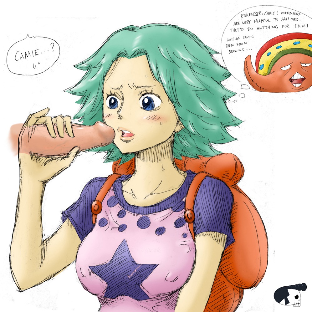 artist_request blue_eyes blush camie erect_nipples fellatio female female_focus green-haired_female green_hair male merfolk mermaid nipples one_piece oral pappug penis rule34 solo_focus straight_hair uncensored