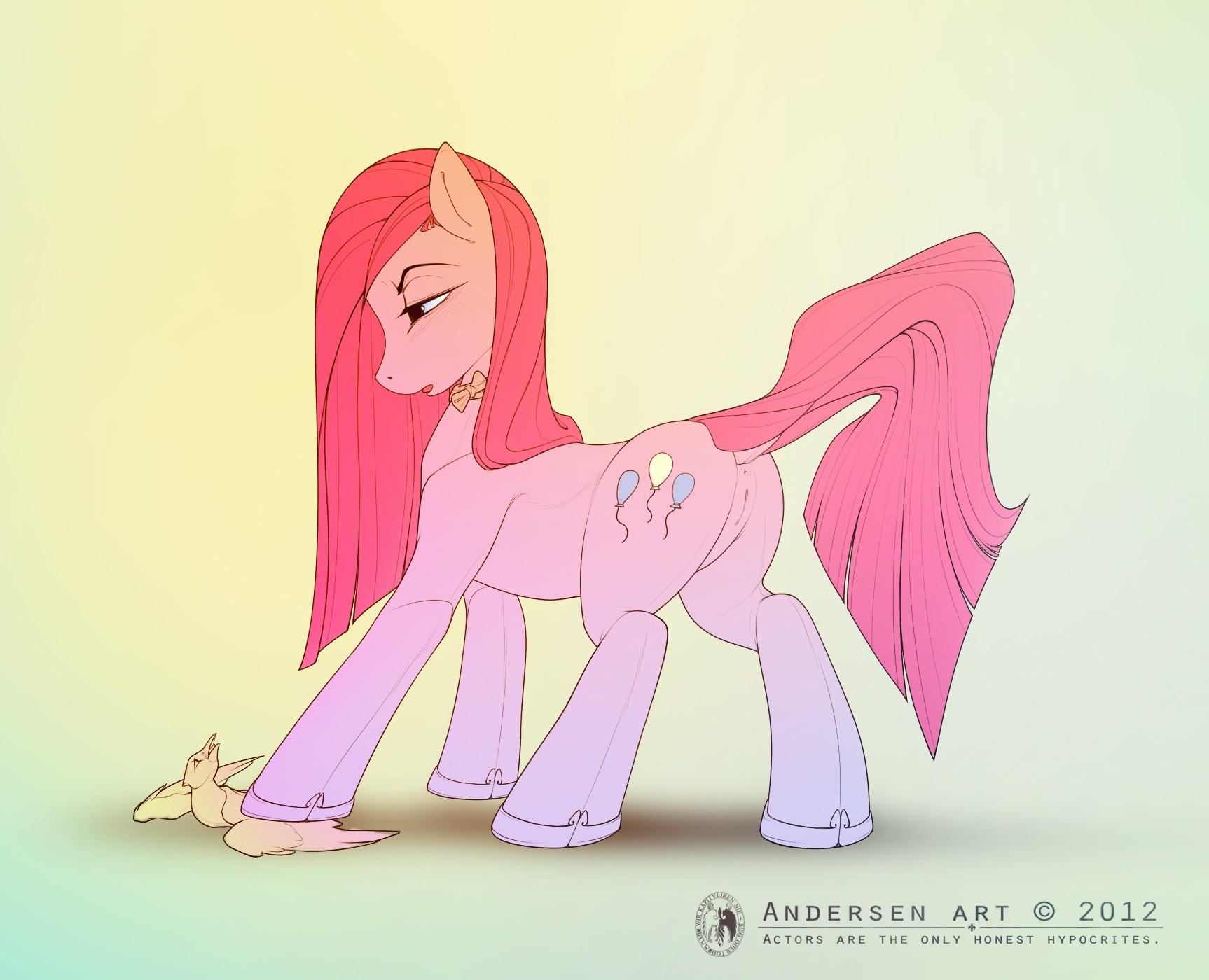 2012 antiander anus avian bird black_eyes cutie_mark e621 earth_pony english_text equid equine female feral friendship_is_magic genitals hair hasbro hi_res hooves horse long_hair looking_down looking_up mammal my_little_pony nude open_mouth pink_body pink_hair pink_skin pinkamena_(mlp) pinkie_pie_(mlp) pony raised_tail solo standing tail text vulva