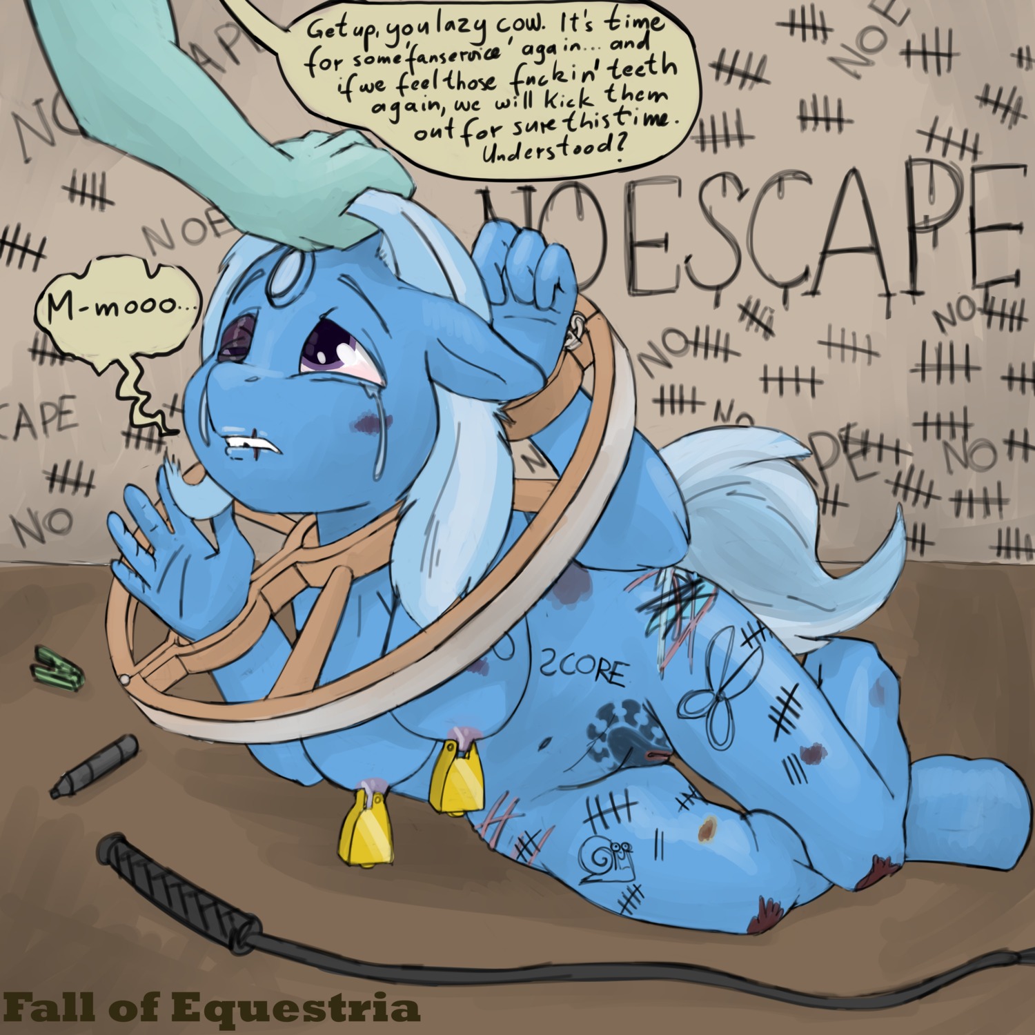 1:1 2013 absurd_res abuse anthro anthrofied bodily_fluids body_writing bound breasts broken_horn bruised bruised_eye crying cutie_mark degradation dialogue digital_media_(artwork) duo e621 english_text equid equine fall_of_equestria female forced friendship_is_magic gastropod genitals graffiti hair hasbro hi_res horn imminent_rape imminent_sex mammal mind_break missing_tooth mollusk multicolored_hair my_little_pony mythological_creature mythological_equine mythology nipple_piercing nipples nude piercing profanity pulling_hair purple_eyes sex_slave slave smudge_proof snail snips_(mlp) speech_bubble stump_horn tail tally_marks tears teeth text threat_to_stop_biting threatening touching_hair trixie_(mlp) two_tone_hair unicorn vulva western_tally_marks what whip writing_on_thigh