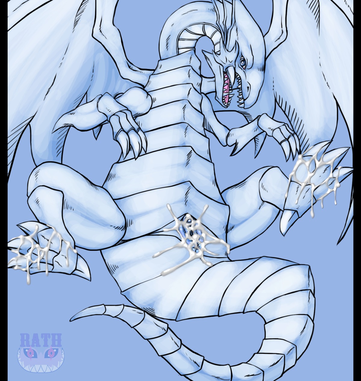after_sex black_bars blue-eyes_white_dragon blue_background blue_body blue_eyes blue_skin bodily_fluids claws cum cum_in_vagina cum_inside cum_on_feet cum_on_tail dragon duel_monster e621 feet female feral genital_fluids genitals hi_res konami lizard membrane_(anatomy) membranous_wings mythological_creature mythological_scalie mythology nude open_mouth pillarbox presenting presenting_vulva raised_arm raised_leg rathmutatio reptile scalie sharp_teeth simple_background solo spread_legs spreading tail teeth toe_claws tongue vulva white_body white_skin wings yu-gi-oh!