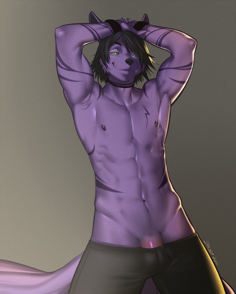 2011 abs anthro arm_markings bedroom_eyes biceps biped black_hair black_nose bottomwear bottomwear_down bracelet bulge canid canine clothed clothing collar e621 fluffy fluffy_tail fox front_view fur genitals glistening grey_background grey_eyes hair half-closed_eyes half-erect hands_behind_head humanoid_genitalia humanoid_penis jewelry looking_at_viewer male mammal markings muscular muscular_anthro muscular_male narrowed_eyes navel necklace nipples pants pants_down partially_clothed pecs penis penis_base pinup pose purple_body purple_fur seductive short_hair silver_(oxsilverxo) simple_background smile solo spearfrost standing tail tattoo topless wristband