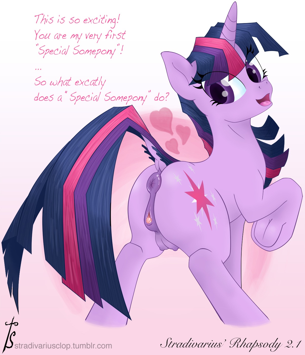 2014 anatomically_correct anatomically_correct_genitalia anatomically_correct_vulva animal_genitalia animal_vulva anus butt clitoral_winking clitoris cutie_mark dialogue dock_(anatomy) e621 english_text equid equine equine_genitalia equine_vulva female feral friendship_is_magic fur genitals hair hasbro heart_symbol hi_res holidays horn looking_at_viewer mammal multicolored_hair my_little_pony mythological_creature mythological_equine mythology nude open_mouth presenting presenting_hindquarters presenting_vulva puffy_anus purple_body purple_eyes purple_fur purple_hair simple_background solo stradivarius tail teats text twilight_sparkle_(mlp) two_tone_hair unicorn valentine's_day vulva