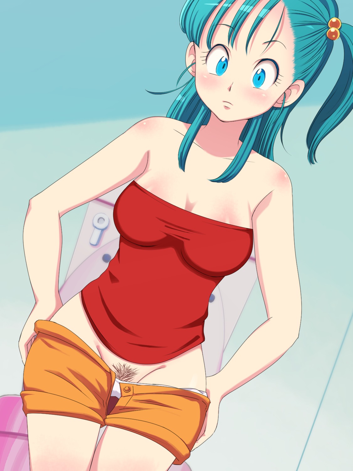 1girls aqua_hair big_breasts blue_eyes blue_hair blush body_blush breasts bulma bulma_briefs cleavage dragon_ball dragon_ball_(classic) erodon_hearts female female_only human medium_breasts panties pubic_hair pussy rule34 solo teal_hair teenage_bulma teenage_female teenager toilet undressing vagina