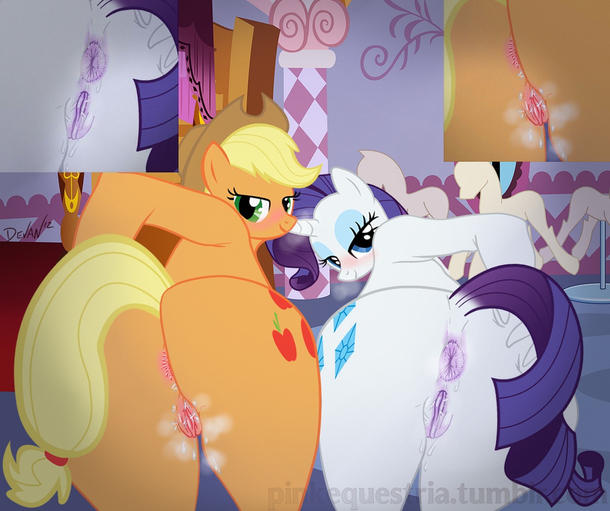 2013 anthro anthrofied anus applejack_(mlp) big_anus blonde_hair blue_eyes blush butt butt_grab clothing cowboy_hat cutie_mark devanstar duo e621 earth_pony equid equine female friendship_is_magic genitals green_eyes hair hand_on_butt hasbro hat headgear headwear hip_to_hip horn horse inside looking_at_viewer looking_back mammal my_little_pony mythological_creature mythological_equine mythology pony presenting presenting_hindquarters purple_hair rarity_(mlp) rear_view take_your_pick unicorn vulva