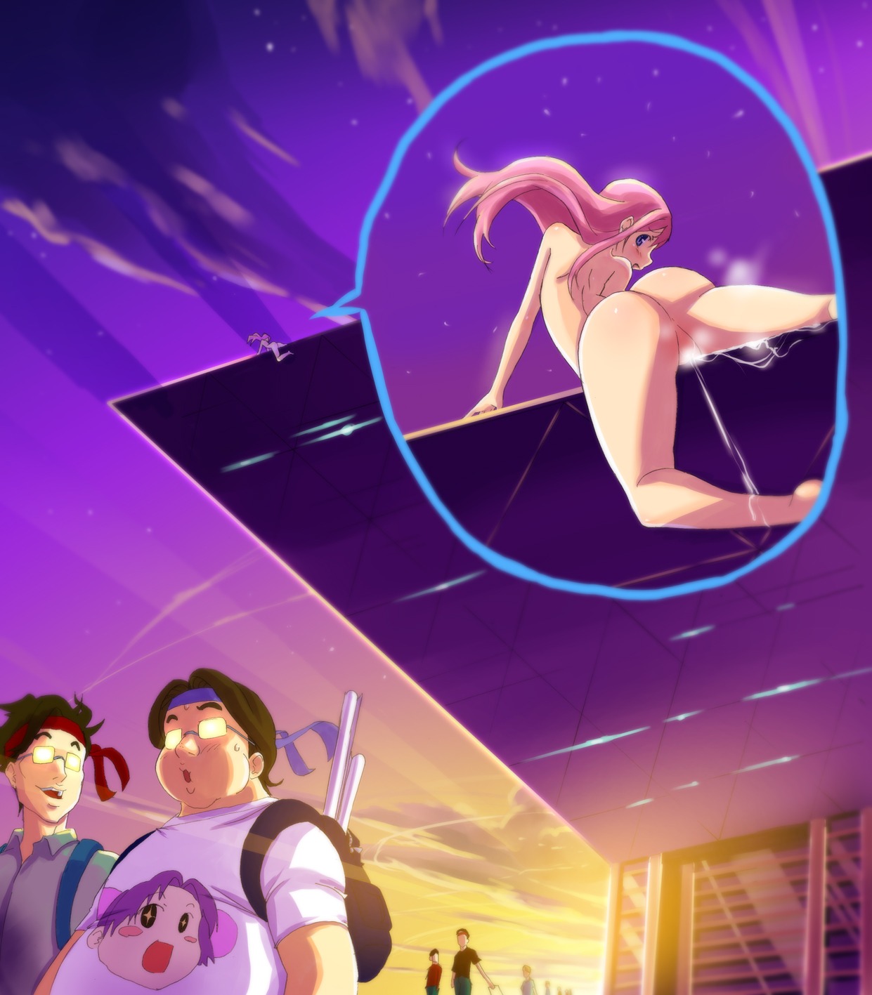 1girls 2boys back backpack bag barefoot brown_hair building_sex comiket crotch_rub female female_ejaculation futari_no_ana glasses headband highres inanimate long_hair male masturbation night nude original otaku pink_hair public_nudity purple_eyes pussy pussy_juice pussy_juice_trail randoseru rule34 short_hair sky star star_(sky) starry_sky straight_hair tokyo_big_sight uncensored wadapen