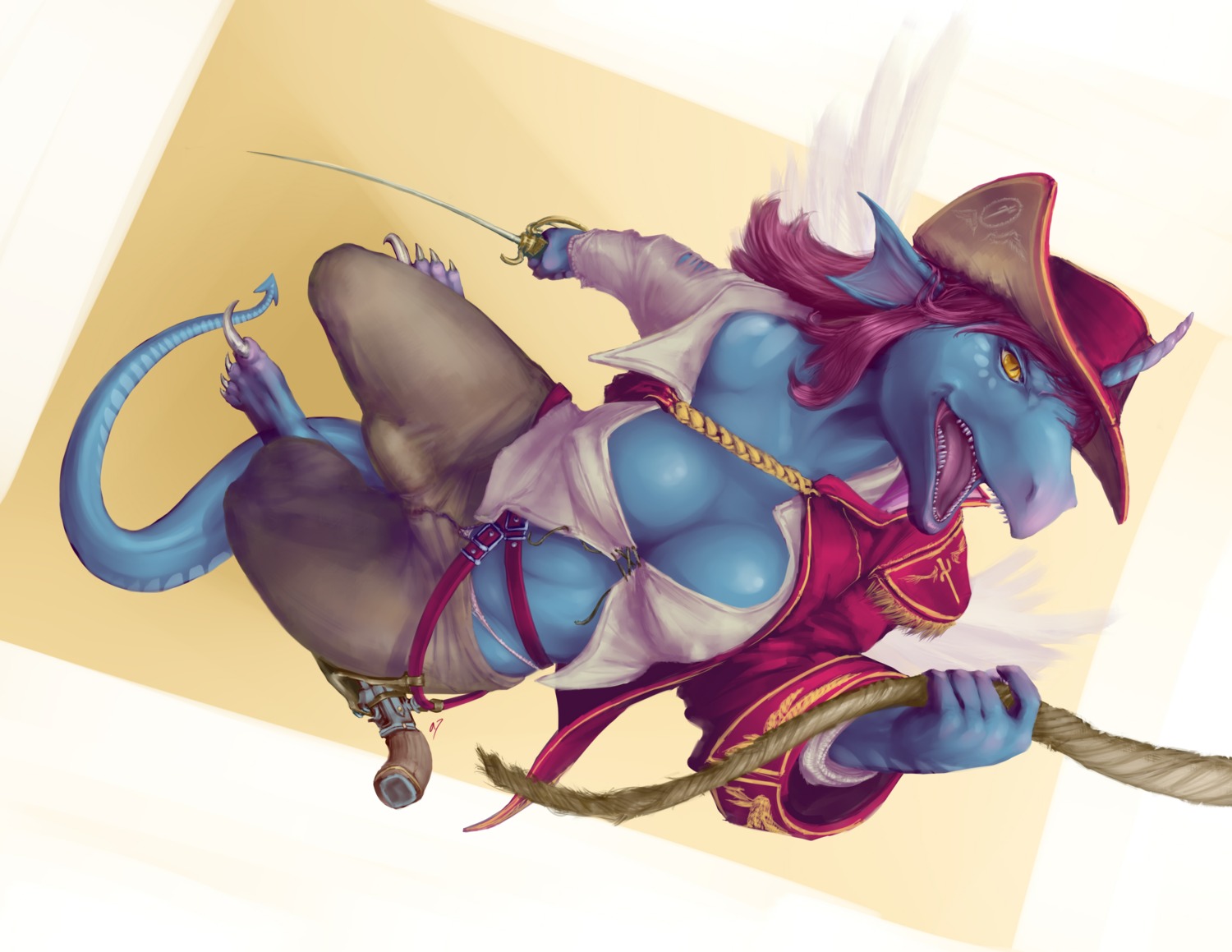 absurd_res antar_dragon anthro breasts bulge claws cleavage clothed clothing detailed_bulge dragon e621 equid equine feathered_dragon feathered_scalie feathered_wings feathers genital_outline gun gynomorph handgun hat headgear headwear hi_res horn hybrid intersex mammal melee_weapon mythological_creature mythological_equine mythological_scalie mythology non-mammal_breasts penis_outline perspective pirate pistol ranged_weapon rope scalie solo sword syldria tail teeth tongue unicorn weapon wings