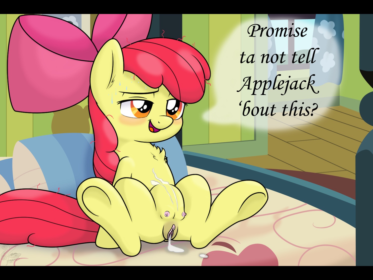 2013 4:3 accessory after_sex amber_eyes apple_bloom_(mlp) bed black_bars bodily_fluids bow_(feature) bow_accessory bow_ribbon cum cum_in_vagina cum_inside cum_on_belly cum_on_body dialogue drunk e621 earth_pony english_text equid equine facelessjr female feral friendship_is_magic fur furniture genital_fluids genitals hair hair_accessory hair_bow hair_ribbon hasbro hi_res horse inside letterbox mammal my_little_pony pony red_hair ribbons sitting solo spread_legs spreading substance_intoxication sweat teats text vulva yellow_body yellow_fur young young_feral