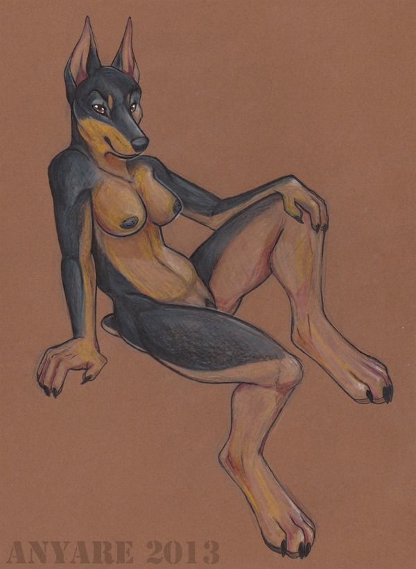 2013 anthro anyare black_nipples black_nose breasts brown_background brown_eyes canid canine canis claws dobermann domestic_dog e621 female genitals jenette_neils looking_at_viewer mammal nipples nude pinscher pinup pointy_ears pose prick_ears simple_background solo vulva