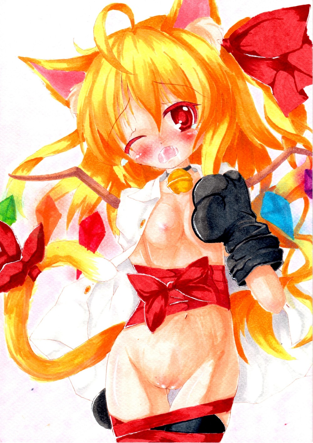 ahoge animal_ears blonde_hair cat_ears cat_tail female flandre_scarlet highres kemonomimi_mode looking_at_viewer naked_ribbon nude open_mouth pussy red_eyes ribbon rule34 solo tail tinkvov touhou wince